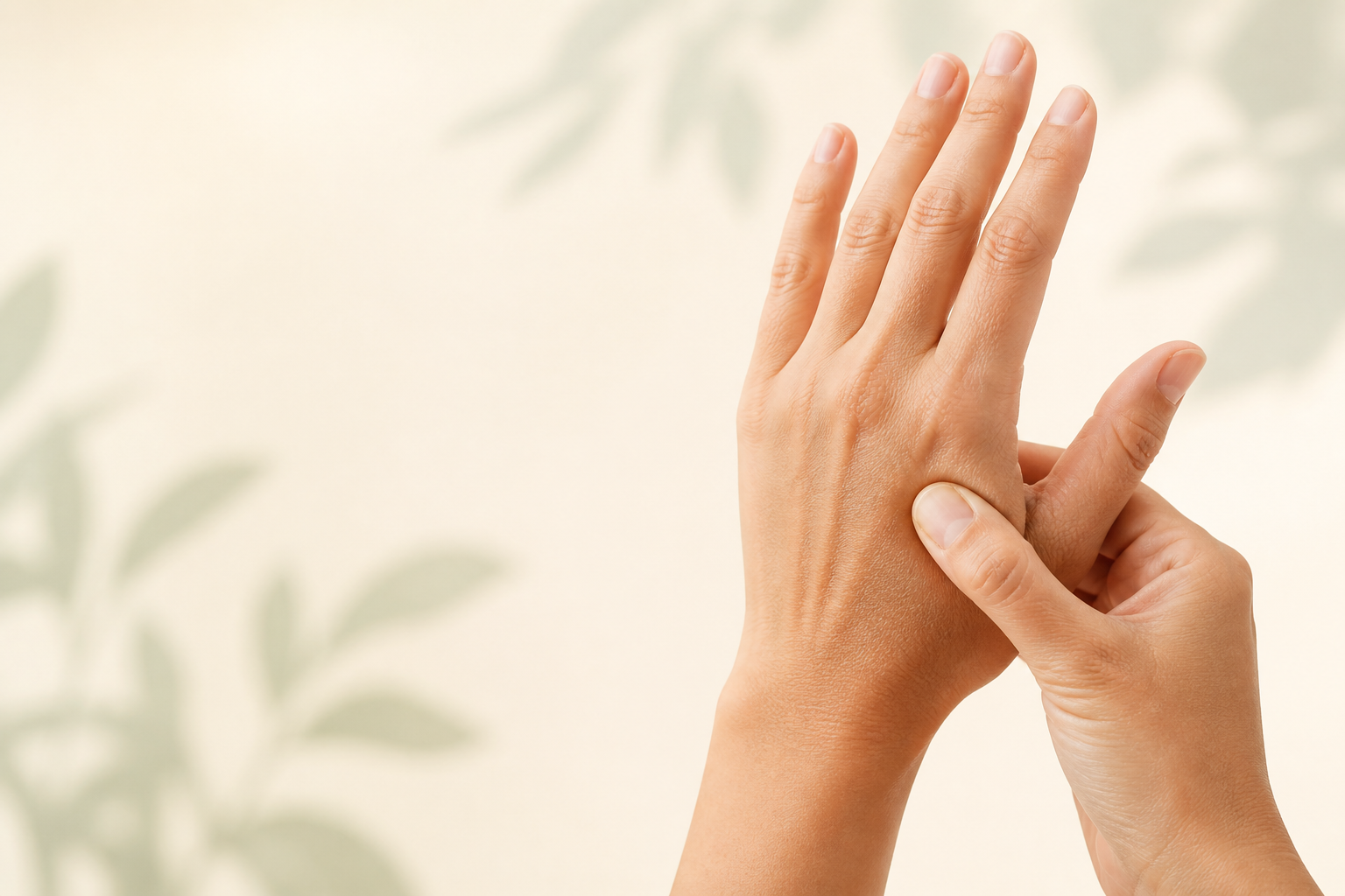 Hands demonstrating gentle LI4 Hegu acupressure at the thumb and index finger web space