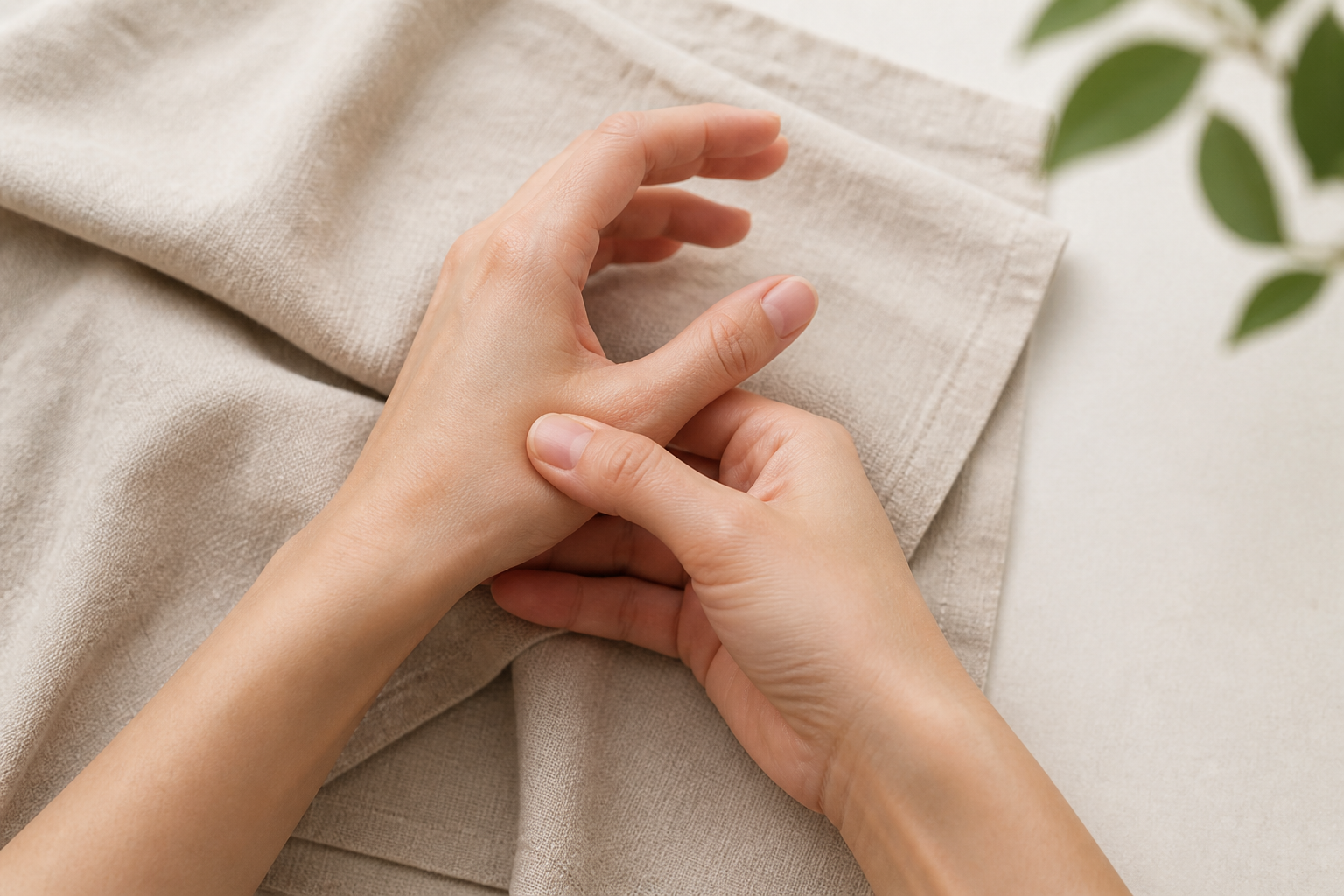Hands demonstrating a gentle LI4 Hegu self-massage motion on a linen surface